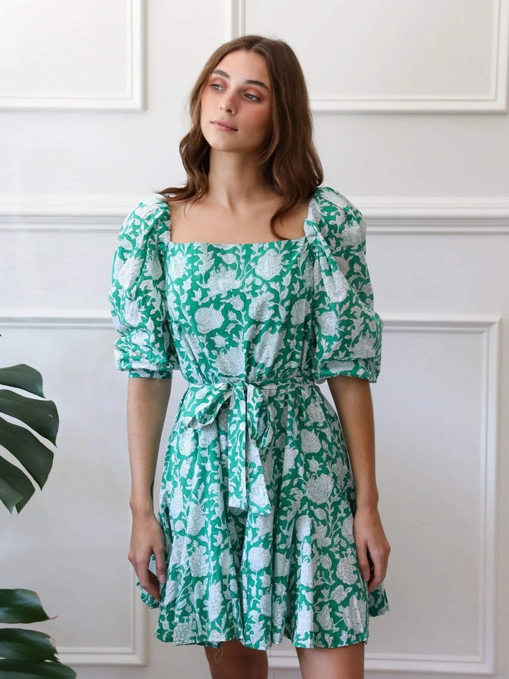 NWOT Mille Anais Belted 100% Cotton Long Sleeve Minidress Green Zinnia Floral